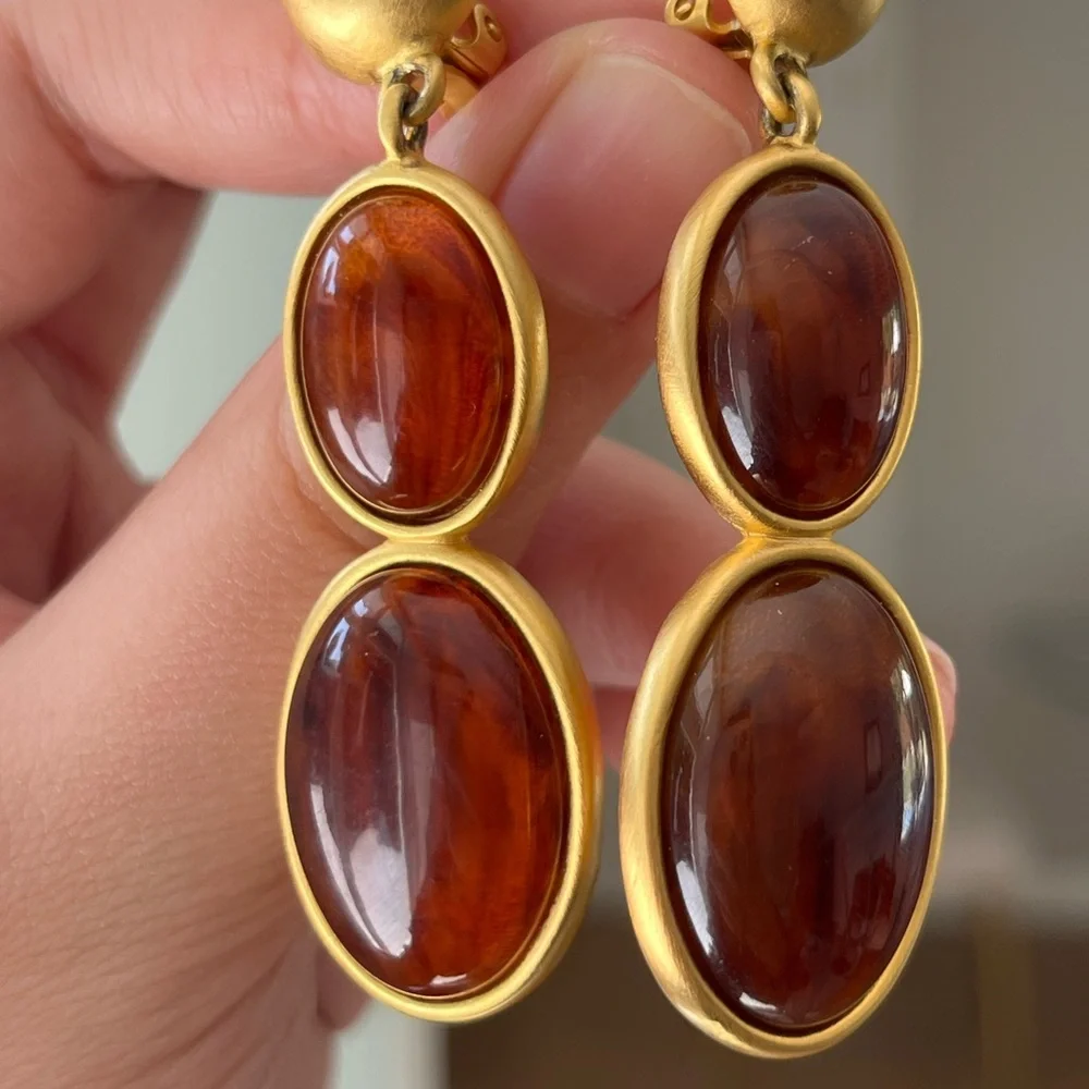 Vintage Givenchy Amber Resin Cabochon Drop Dangle Matte Gold Long Clip Earrings - Picture 10 of 12